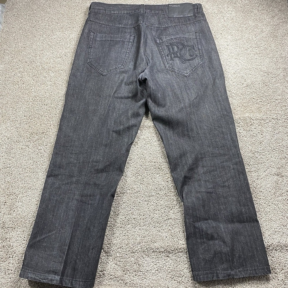 Rocawear Mens Baggy Jeans Black Acid Wash Embroidered Logo Size‎ 38 x 31 Y2K Hip